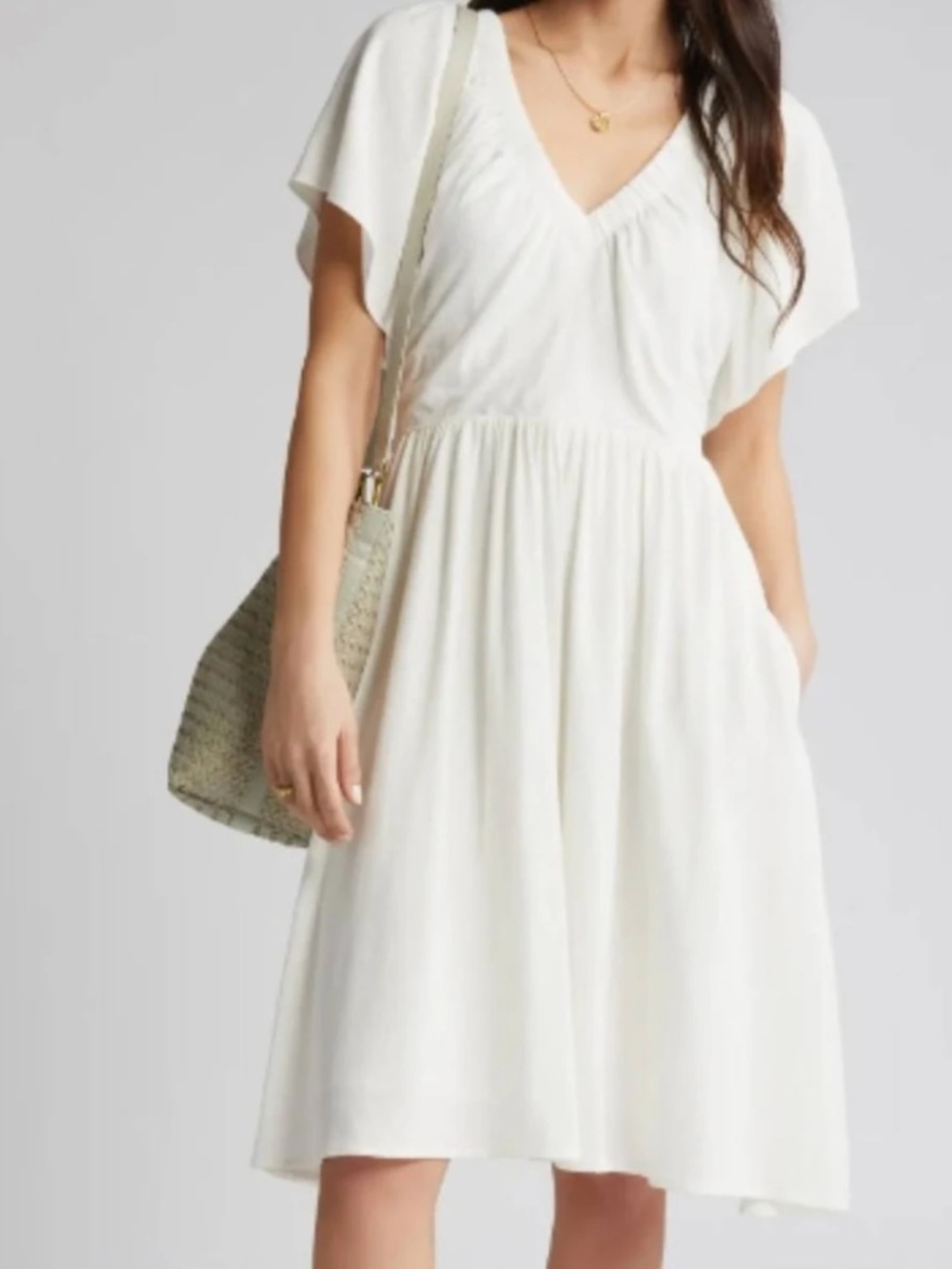 Nordstrom Caslon White Linen Blend Dress Flutter Sleeves S With Pockets!